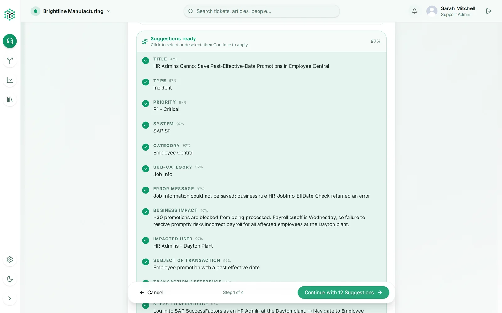 Support Hub AI suggestions for a new Employee Central ticket with confidence scores